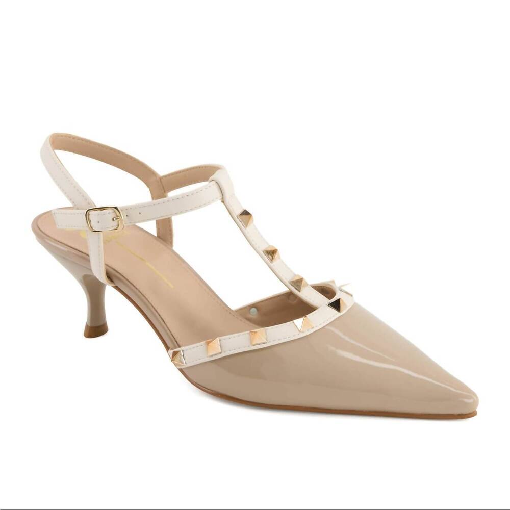 NWOT - ANDREA FENZI Beige Patent Pointed Toe Studded T-Strap Kitten Heels